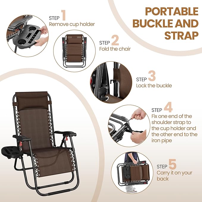 Yaheetech 26" Zero Gravity Recliners Outdoor Adjustable Folding Reclining Lounge Chairs w/Pillows, Cup Holder Trays and Carry Strap for Patio Backyard Beach Brown Set of 2