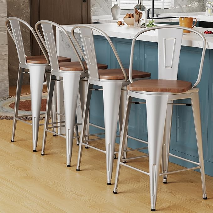Alunaune 30" Swivel Metal Bar Stools Set of 4 High Back Counter Height Barstools Kitchen Dining Bar Chairs Industrial with Large Wooden Seat-Silver