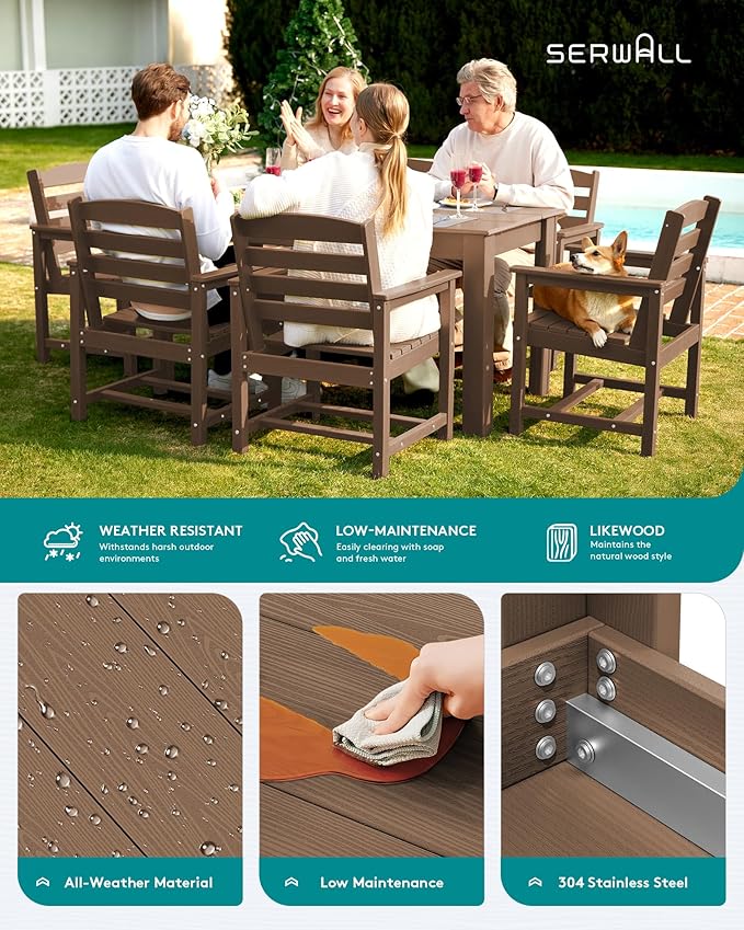 SERWALL Patio Dining Sets for 8, Outdoor Dining Sets for 8 Person with 2 Umbrella Hole Cut-Out Rectangular Tables and 8 Chairs, HDPE Dining Sets for Garden, Backyard, Poolside, Brown