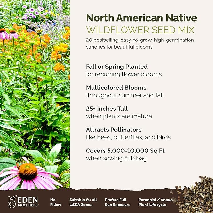 Eden Brothers North American Native Wildflower Mixed Seeds for Planting, 5 lb, 2,400,000+ Seeds with Birds Eyes, Lupine | Attracts Pollinators, Plant in Spring or Fall, Zones 3, 4, 5, 6, 7, 8, 9, 10