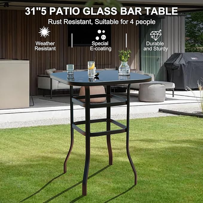 3 PCS Patio Swivel Bar Stools Set, 3 Piece Swivel Outdoor Table and Chairs Bar Set, All Weather Textile Fabric Outdoor High Stool Bistro Set with High Glass Bar Table for Lawn, Garden, Balcony