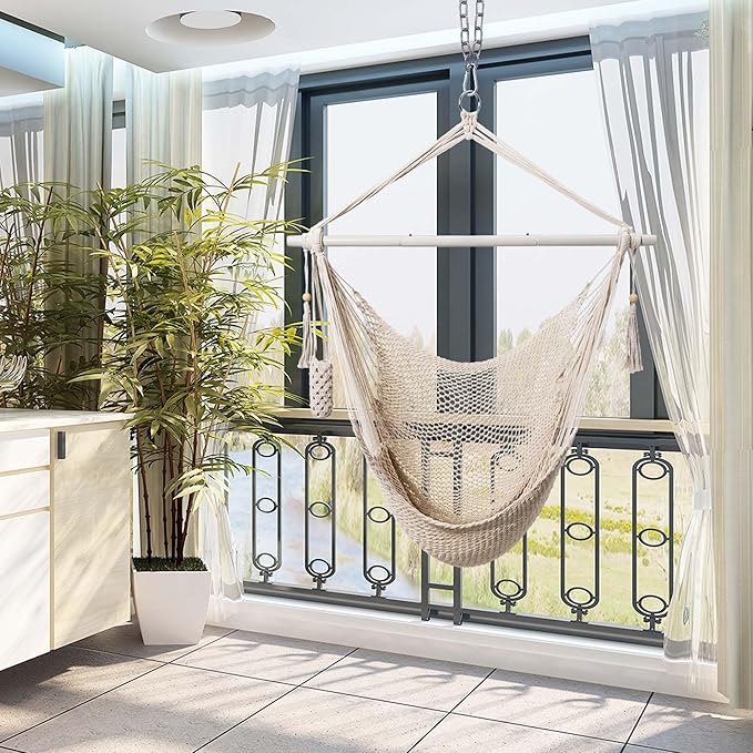 Lazy Daze Hammocks Chair Caribbean Hanging Rope Swing Chair, 40" Removable Steel Spreader Bar with Anti-Slip Rings, Soft-Spun Cotton Rope for Indoor/Outdoor Backyard & Living Room, Max 500 LBS, Beige