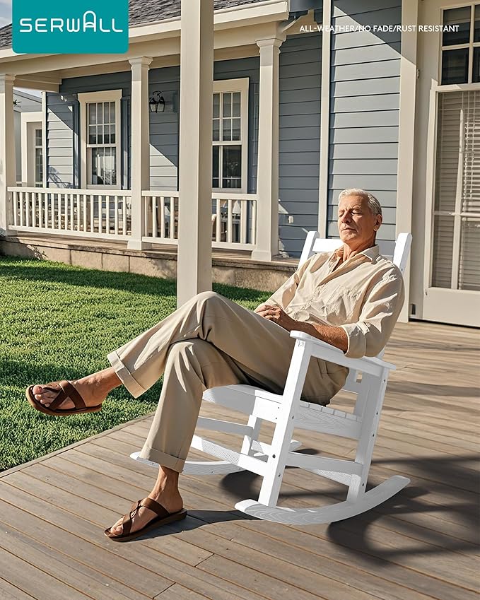 SERWALL Oversized Rocking Chair, Outdoor Rocking Chair for Adults, All Weather Resistant Porch Rocker for Lawn Garden, White