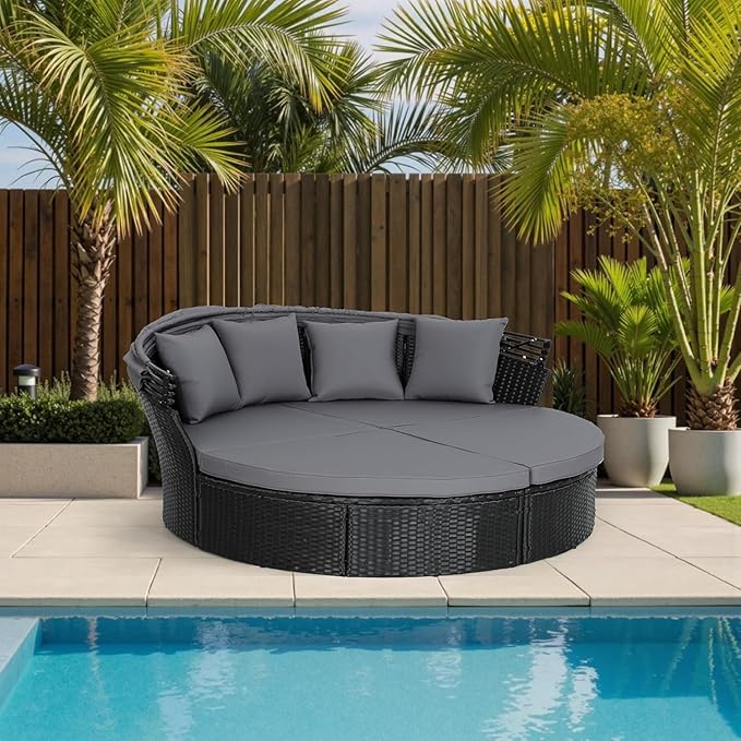 Incbruce Patio Round Daybed with Retractable Canopy, Black Wicker Rattan Sectional Sofa Furniture Set with Separated Cushion Seats for Patio, Porch and Backyard (Black)