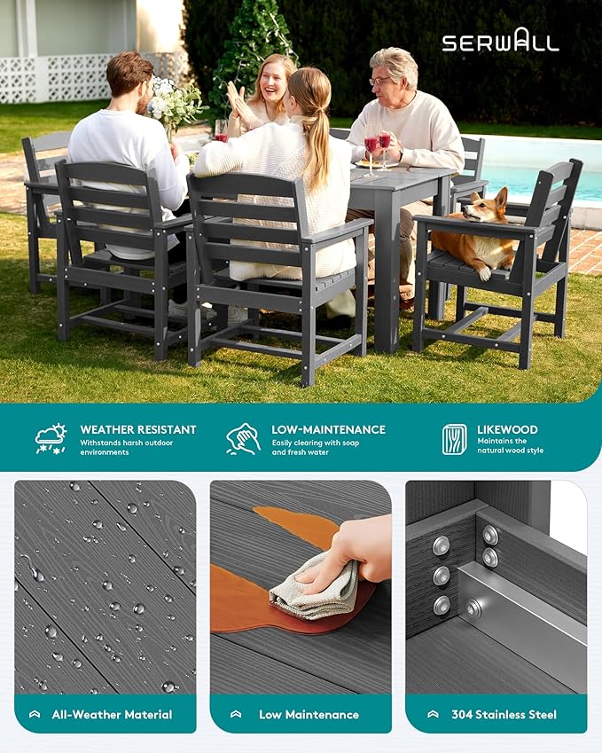 SERWALL Patio Dining Set for 6, Outdoor Dining Sets for 6 Person with 1 Umbrella Hole Cut-Out Rectangular Table and 6 Chairs, HDPE Dining Sets for Garden, Backyard, Poolside, Gray