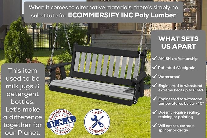 Poly Lumber Wood 4FT Mission Porch Swing Amish Craftsmandship Made in USA HDPE with No Wood fibers 1000 lbs Limit. Stainless Steel Hardware.Signature Design for Patio Outdoor Backyard Garden Park