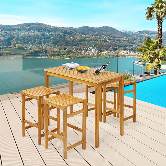 Tangkula Outdoor Acacia Wood Bar Table, 45” Rectangular Bar Height Farmhouse Rustic Dining Table with Slatted Tabletop, for Patio Porch Garden Deck, Teak Finish