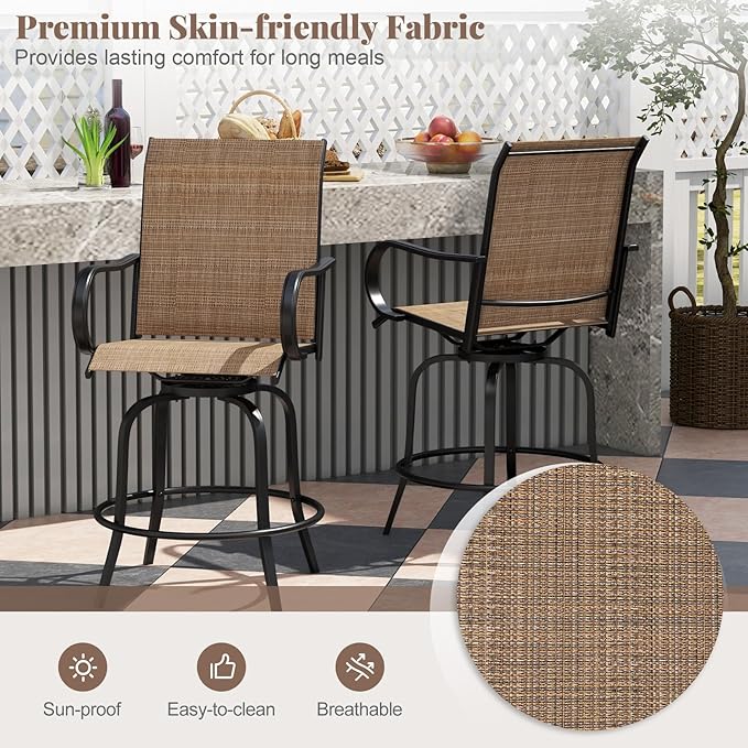 Giantex Set of 2 Swivel Outdoor Bar Stools, All-Weather Bar Height Patio Chairs, 330LBS Capacity, 360 Rotating Outside Bar Chairs with High Back Armrests, for Porch Yard Lawn Garden Pool (Brown)