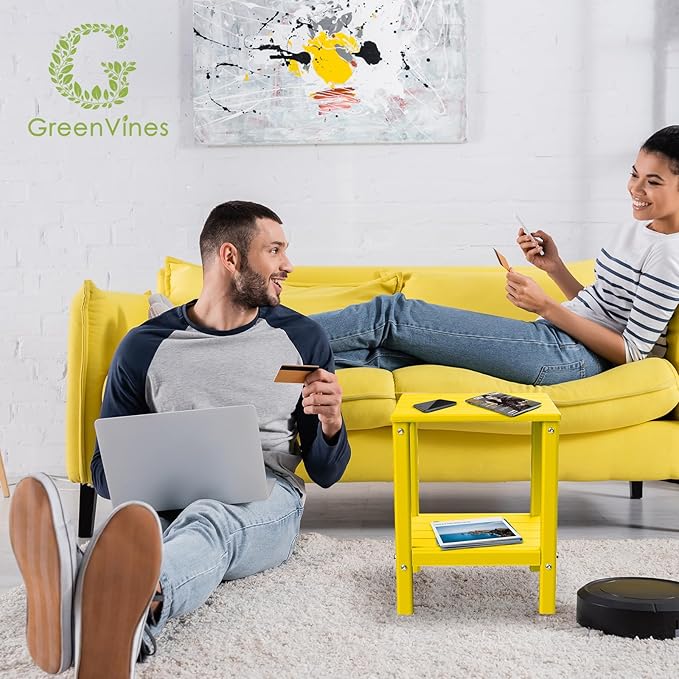 GREENVINES Adirondack-Outdoor-Side-Table | Set of 2 | 14 x 13 Inches | HDPE Plastic | All Weather | Yellow | Outside End Tables | Storage Shelf | for Patio Porch Backyard Indoor