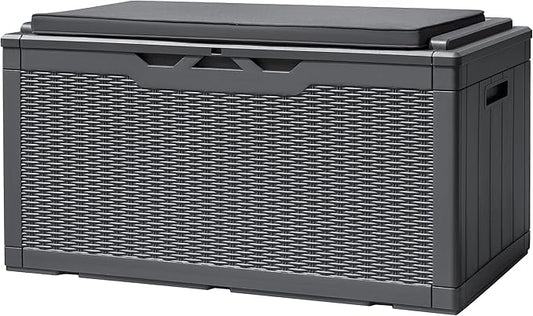 Devoko 100 Gallon Deck Box, Waterproof Resin Outdoor Storage Box with Cushion for Outside and Patio, Large Outdoor Storage Bench Cabinet Lockable for Patio Furniture and Garden Tools (Gray)