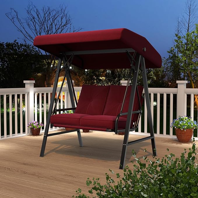 AECOJOY 2-Seat Outdoor Patio Swing Chair with Adjustable Canopy, Porch Swings Chairs for Adult, Outside Swing Bench with Removable Cushion, Suitable for Backyard, Garden, Yard, Poolside, Balcon, Red