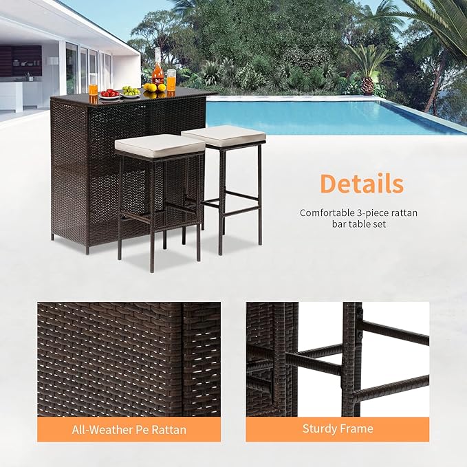Wicker Patio Furniture 3 Piece Patio Bar Table Set Chairs Wicker Outdoor Rattan Bistro Set Glass Top Table and Two Stools for Yard or Backyard