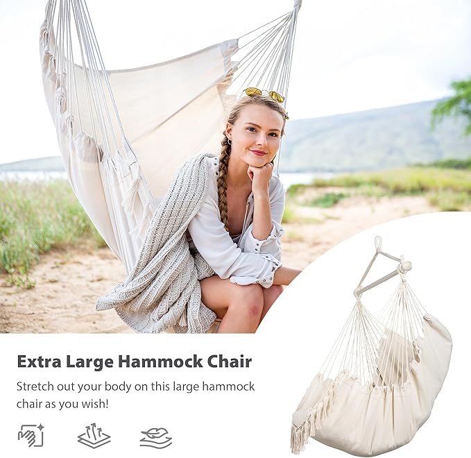 SUNCREAT Hammock Chair Hanging Rope Swing Seat-Max 450lbs Capacity, Extra Large Macrame Hanging Swing with Side Pocket, Two Seat Cushion, Beige