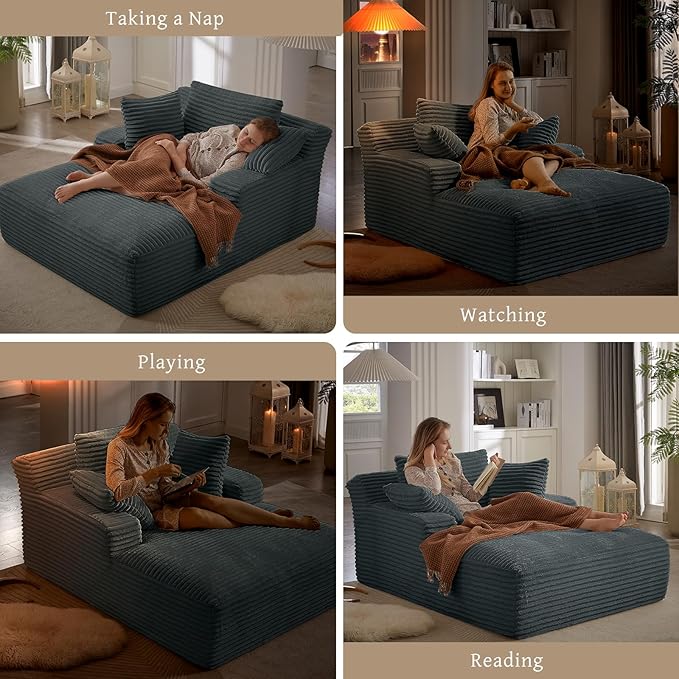66" Chaise Lounge Chair Indoor, Oversized Boneless Couch Comfy Upholstered Sleeper Sofa Bed with 3 Pillows, Corduroy Cloud Reading Chair for Living Room No Assembly Required, Dark Grey