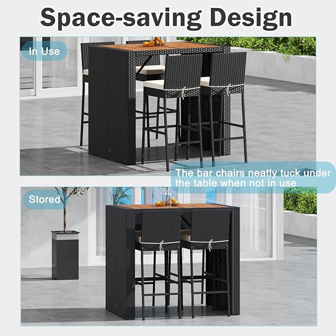 RELAX4LIFE 5-Piece Outdoor Bar Set - Wicker Rattan Bar Height Dining Table w/Acacia Wood Top & 4 Bar Stools Chairs w/Seat Cushions, Backrest, Footrest, Outside Patio Bistro Set for Backyard (47.5'')