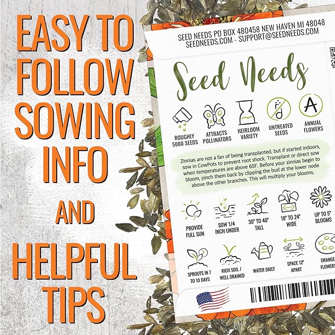 Seed Needs Zinnia Seeds Orange King Variety Fast Blooming | 5,000+ Heirloom & Open Pollinated Seeds | Annual Cut Flowers Large Blooming | Bulk