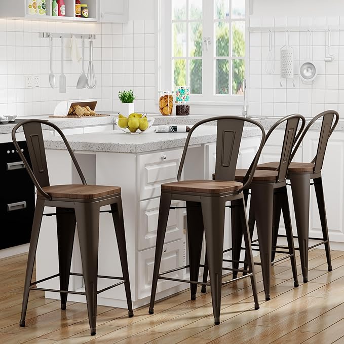 Yongqiang 24 inch Bar Stools Set of 4 Kitchen Counter Height Bar Chairs Modern Farmhouse High Back Metal Barstools with Large Wooden Seat Rusty