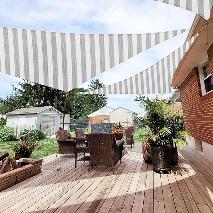 Patio Paradise 26' x 26' x 26' Sun Shade Sail Triangle Canopy Shade Cloth Fabric Sunlight Block Patio Pergola Cover HDPE Deck Awning for Outdoor Backyard Roof Shading, Gray White Strip