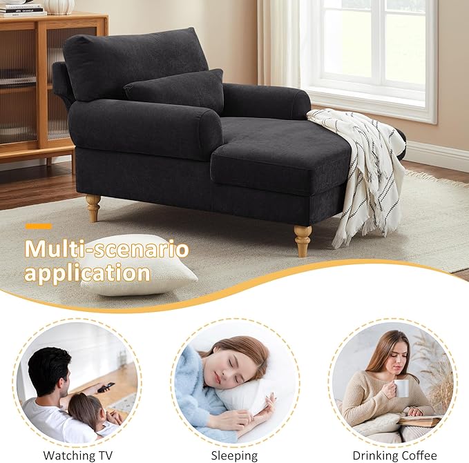 Modern Chaise Lounge Chair with Adjustable Backrest, Upholstered Indoor Leisure Sofa Recliner, Oversized Accent Chair Deep Seat Reading Armchair for Living Room, Bedroom, Office, Black