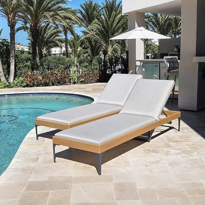 PURPLE LEAF Outdoor Chaise Lounge Set of 2 Aluminum Adjustable Patio Lounger Chairs with Cushions Reclining Beach Daybed for Poolside Balcony Deck Backyard, Teak