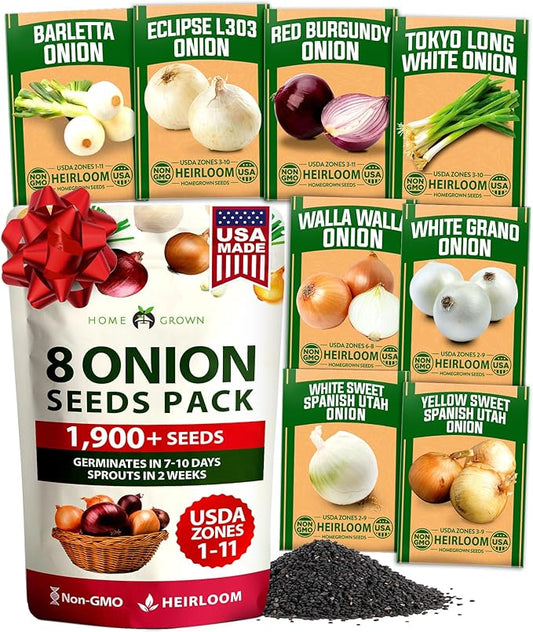 HOME GROWN 8 Onion Variety Mix 1600+ Heirloom Non-GMO Seeds for Planting, High Germination, Red, Yellow, White, Sweet Vidalia, Spanish Bulb Onions, Green Scallions, Indoor Outdoor Garden (Allium cepa)