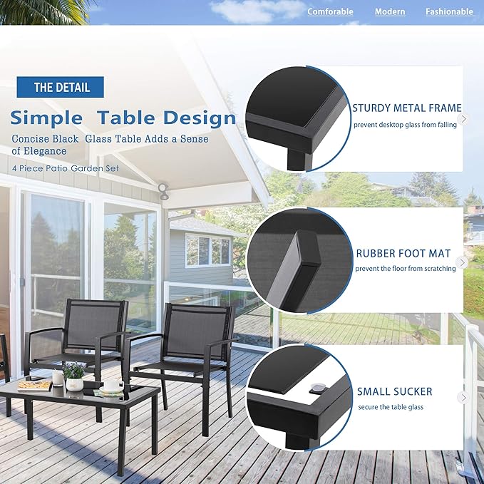 Vongrasig 4 Pieces Patio Furniture Sets,Outdoor Patio Conversation Sets with Glass Coffee Table, Small Porch Balcony Furniture, Patio Table and Chairs Set for Garden, Backyard (Black)