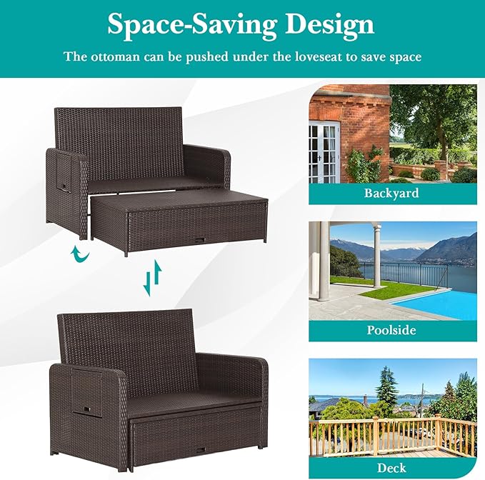 Nightcore Wicker Patio Outdoor Daybed, Outdoor Chaise Lounger w/ 4-Level Adjustable Backrest, Retractable Side Trays, Storage Ottoman, Comfortable & Removable Cushions, Rattan Loveseat (Turquoise)