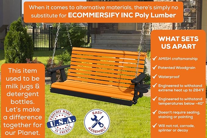 Poly Lumber Wood 4FT Porch Swing Amish Craftsmandship Made in USA HDPE with No wood fibers and 1000 lbs Limit. Stainless Steel Hardware.Signature Rollback design for Patio Outdoor Backyard Garden Park
