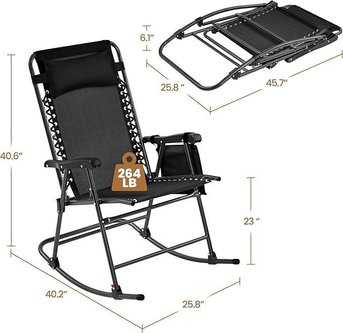 Yaheetech 26in Rocking Chair Outdoor Zero Gravity Folding Chairs Rocking Chairs Foldable Outdoor Lounge Chair for Outside Lawn with Phone Holder/Pillow Ergonomic Design for Rest, Black, Set of 2