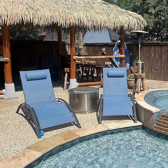 PURPLE LEAF Patio Chaise Lounge Set of 3 Outdoor Lounge Chair Beach Pool Sunbathing Lawn Lounger Recliner Outside Tanning Chairs with Arm for All Weather, Side Table Included, Indigo