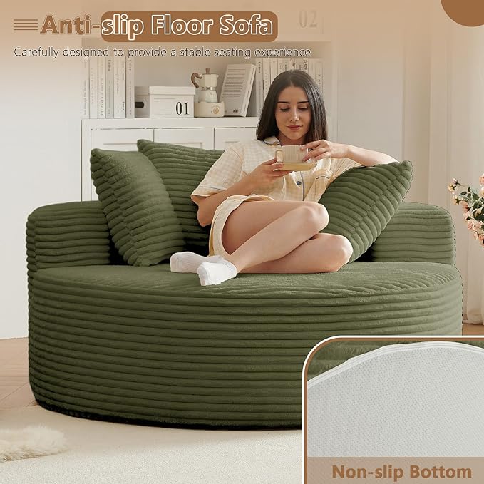 Oversized Round Chair Lounge Chaise Indoor, Upholstered Corduroy Deep Seat Cloud Large Circle Sofa Chair, No Assembly Required, Fluffy Modern Sleeper Sofa Bed for Reading, Living Room, Light Green