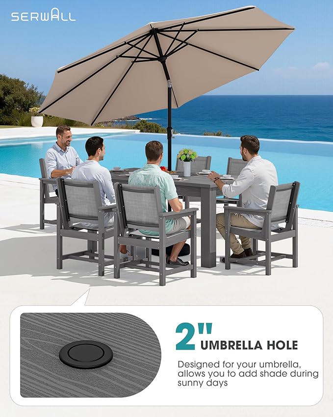 SERWALL 10 Piece Outdoor Dining Table Sets for 8 with 2 Umbrella Hole Cut-Out Rectangular Tables and 8 Textilene Chairs, HDPE Dining Table Sets for Garden, Backyard, Poolside, Gray