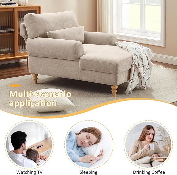 Modern Chaise Lounge Chair with Adjustable Backrest, Upholstered Indoor Leisure Sofa Recliner, Oversized Accent Chair Deep Seat Reading Armchair for Living Room, Bedroom, Office, Light Khaki