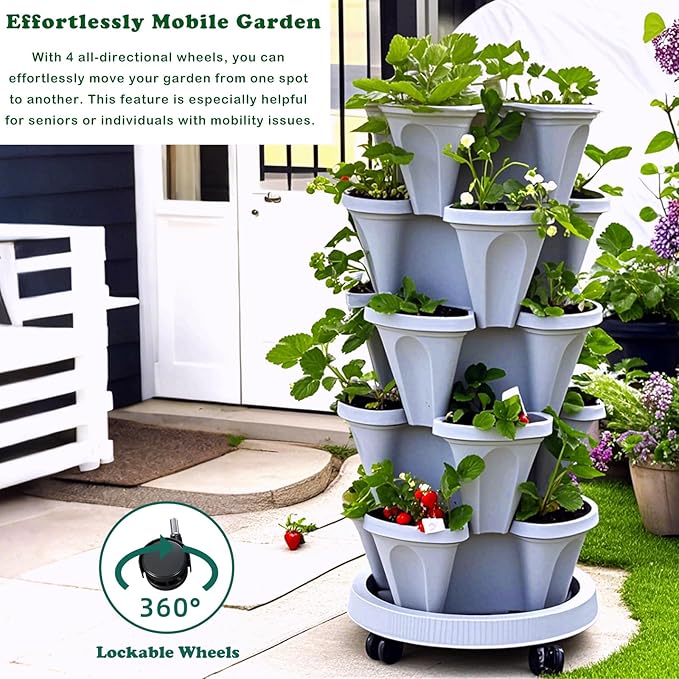 Strawberry Planters, 7 Tiered Vertical Stackable Planter, Herb Stacking Tower Garden, Flower and Vegetable Planters with Support Pole Indoor & Outdoor with Removable Wheels - Dark Grey