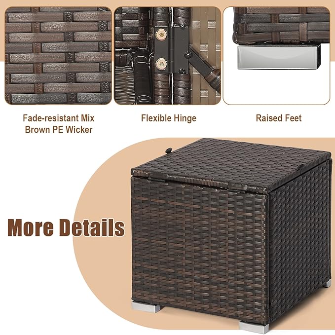 RELAX4LIFE Wicker Outdoor Storage Ottoman, 2-Piece Rattan Footstool w/Removable Cushion, Multipurpose Footrest Stool Side Table Additional Seating, Set of 2 Outdoor Ottomans for Patio Deck (Beige)
