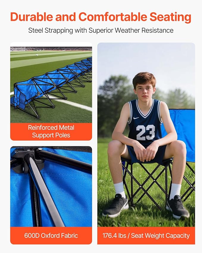 VEVOR Portable Folding Bench, 8 Seat Foldable Soccer Bench with Side Pockets and Carrying Bag, Lightweight Sideline Seating with Back Rest for Football, Baseball, Camping, Outdoor Events, Blue