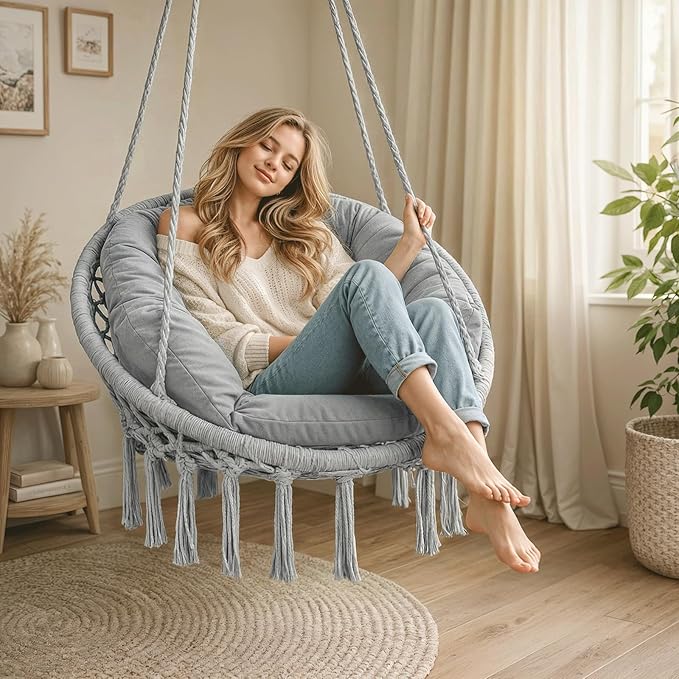 Athena Collection Hammock Chair Hanging Swing Chair with Large Thick Cushions, Outdoor Hanging Chair with Macrame Cotton Rope for Indoor, Outdoor, Bedroom, Balcony, Holds 350 Lbs, Grey