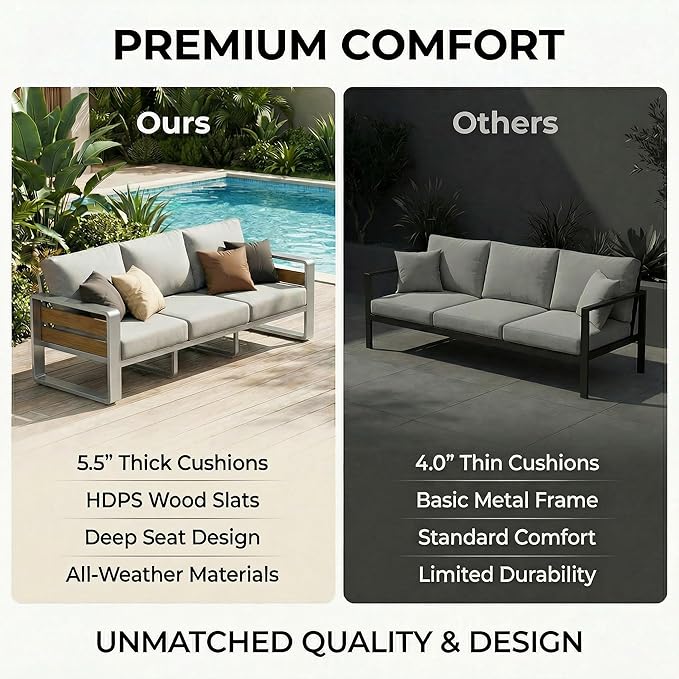 ZANDOR Aluminum Outdoor Patio Furniture - 1 Pcs Loveseat and Coffee Table, All-Weather Metal Modern Outside Furniture with Washable Thick Cushion for Garden/Backyard/Porch, Silver