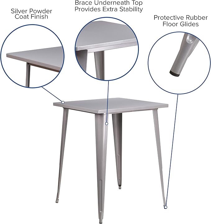 EMMA + OLIVER Commercial Grade 31.5" Square Silver Metal Indoor-Outdoor Bar Height Table
