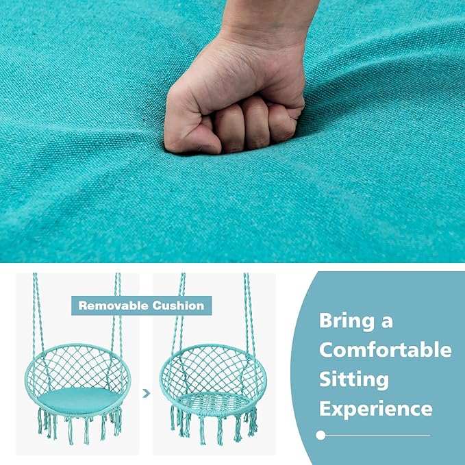 Giantex Hammock Chair Macrame Swing - Hanging with Cushion and Hardware Kit, 330 LBS Weight Capacity, Indoor for Stand, Patio, Balcony, Living Room (Turquoise) (GT10698-NPTU)