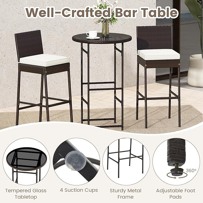 Tangkula 3 Piece Outdoor Bar Set, Patio Rattan Bar Height Heavy Duty Metal Frame Table & Cushioned Chairs, for Porch, Yard, Poolside and Bistro