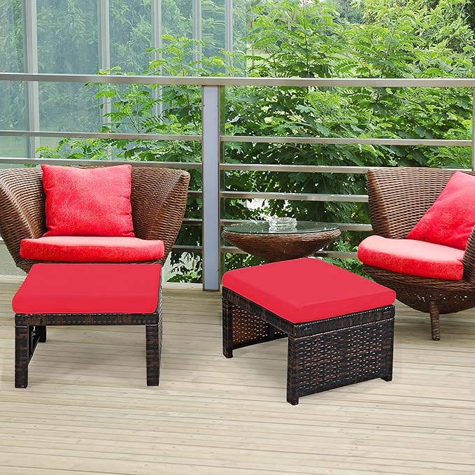 Tangkula 2 Pieces Patio Rattan Ottomans, All Weather Outdoor Footstool Footrest Seat with Soft Cushion, Hidden Zipper, High-Density Sponge, Wicker Ottoman Seat for Patio, Garden, Poolside (Red)