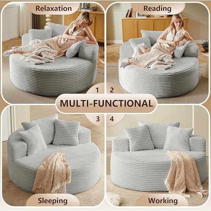 Oversized Round Chair Lounge Chaise Indoor, Upholstered Corduroy Deep Seat Cloud Large Circle Sofa Chair, No Assembly Required, Fluffy Modern Sleeper Sofa Bed for Reading, Living Room, White Gray