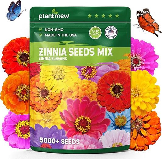 5000+ Zinnia Seeds Flower Seeds for 2026 Planting, 1.5 Oz, 5 Varieties (Pink, Yellow, Orange, White, Purple), 40G Mixed Colors and Large Blooms, Open Pollinated - Bulk (1.5 Ounce Pouch)