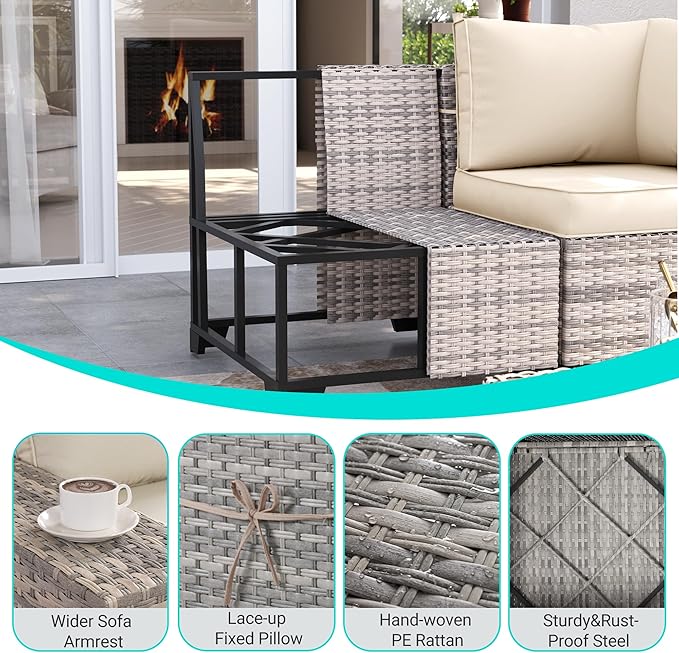 9-Piece Outdoor Patio Furniture Set with Rocking Swivel Chair Wicker Sectional Sofa Set, Patio Conversation Set with Thickened Cushions & Coffee Table for Garden, Backyard, White