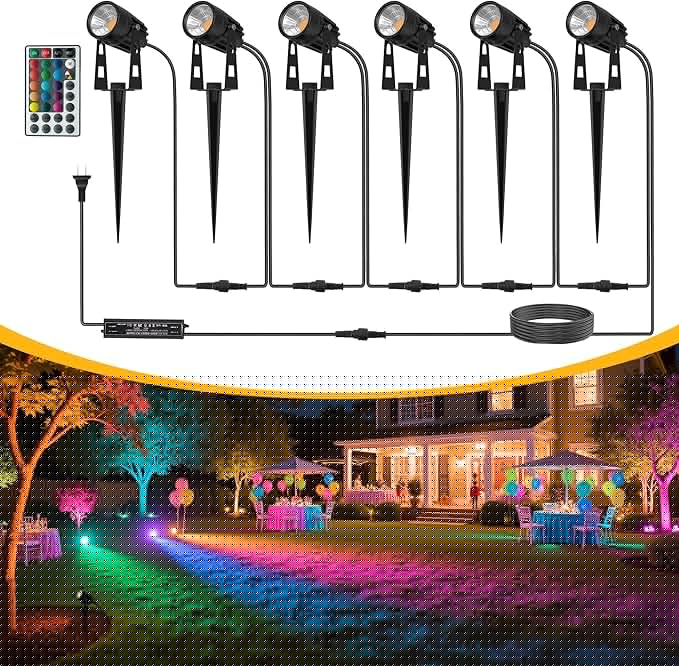 L LOHAS LED RGB Dusk to Dawn Low Voltage Landscape Lighting, IP65 Outdoor Spotlight with Transformers&Remote Control, Color Changing Timing Plug in Spotlights for Yard Backyard Pathway 6Pack