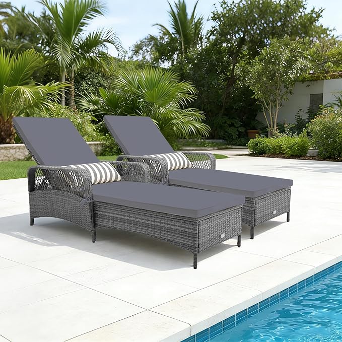 Tangkula Wicker Chaise Lounge Outdoor Set of 2, Patio Rattan Reclining Chaise with 6-Gear Adjustable Backrest, Thick Padded Cushion & Removable Lumbar Pillow, Pool Lounge Chairs (Grey)