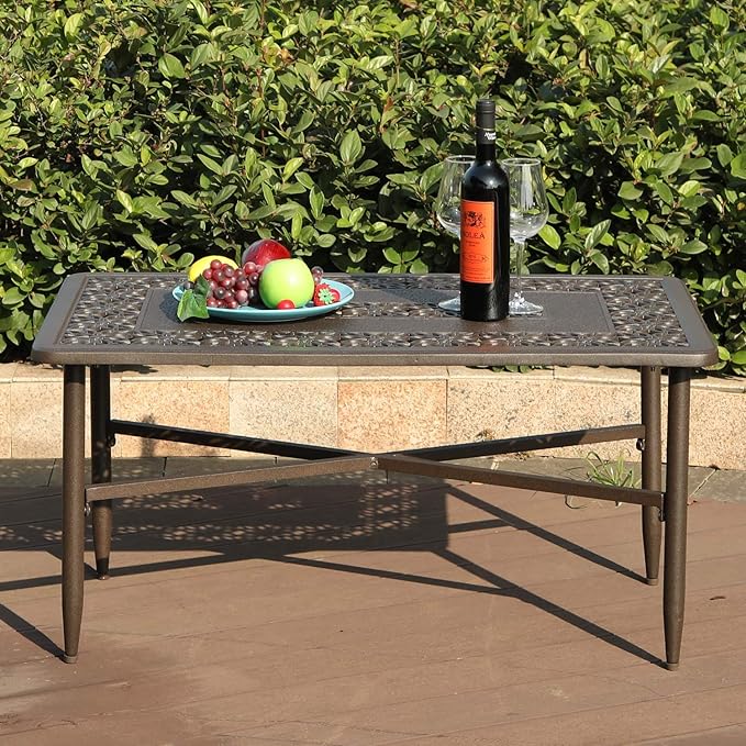 Sophia & William Patio Coffee Table Rectangle, Modern Outdoor Cast Aluminum Coffee Table 38.6" L x 23.0" W x 18.9" H, Brown