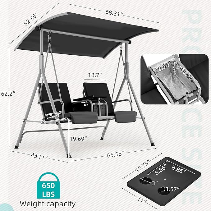HOMREST 2 Seat Outdoor Porch Swing,Patio Swing with Adjustable Canopy,Heavy Duty 650 LBS Outdoor Swing with Pivot Storage Table & 2 Cup Holders & Cushions for Yard, Lawn, Backyard, (Dark Black)