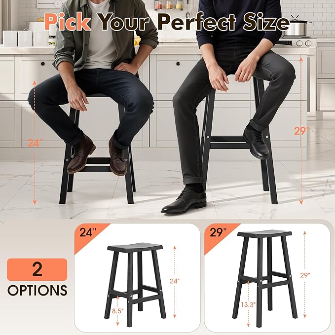 NUNU LAB HDPE Weatherproof Bar Stools Set of 2-29 Inch Bar Height Stools with Curved Backrest, UV Resistant Kitchen Island Chairs for Pub, Patio, Outdoor Bar Counter (Black)